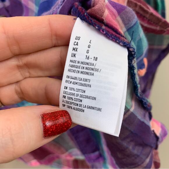 American Eagle Vintage Boyfriend Plaid Button Down Green/Purple Long Sleeve Top - Picture 3 of 4